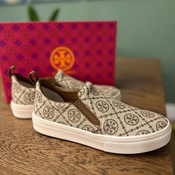 NWT!NEW!Tory Burch T Monogram Slip On Sneaker Leather /Jacquard Hazel Brown US 6 - Picture 4 of 9